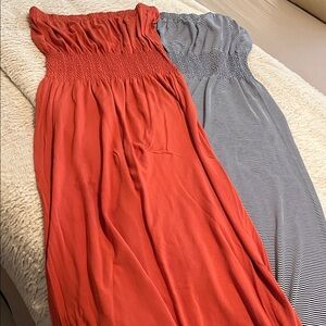 Orange and blue & White Strapless Maxi Dresses